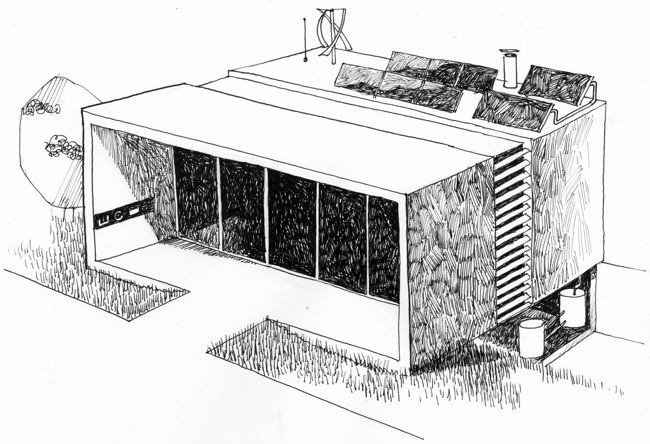 Stiftzeichnung mit einem Fineliner. Zu sehen ist eine perspektivische Ansicht eines modernen Energie-Plus-Hauses.
